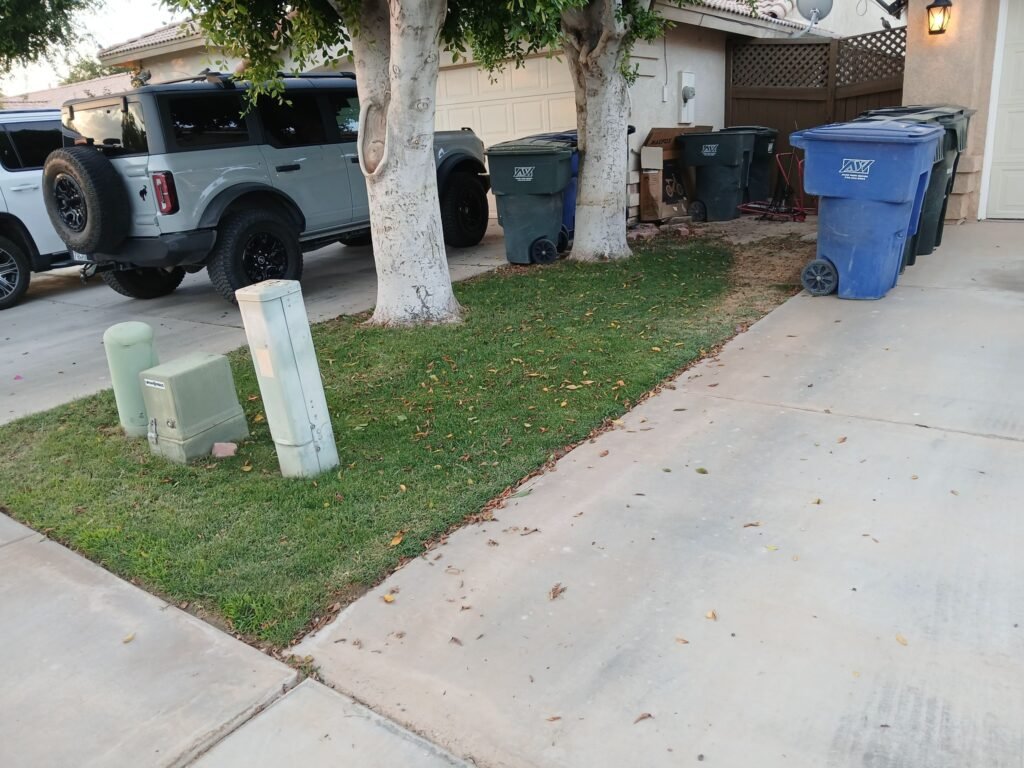 Driveway strip and lawn edged around bins and trees in Brawley, CA
