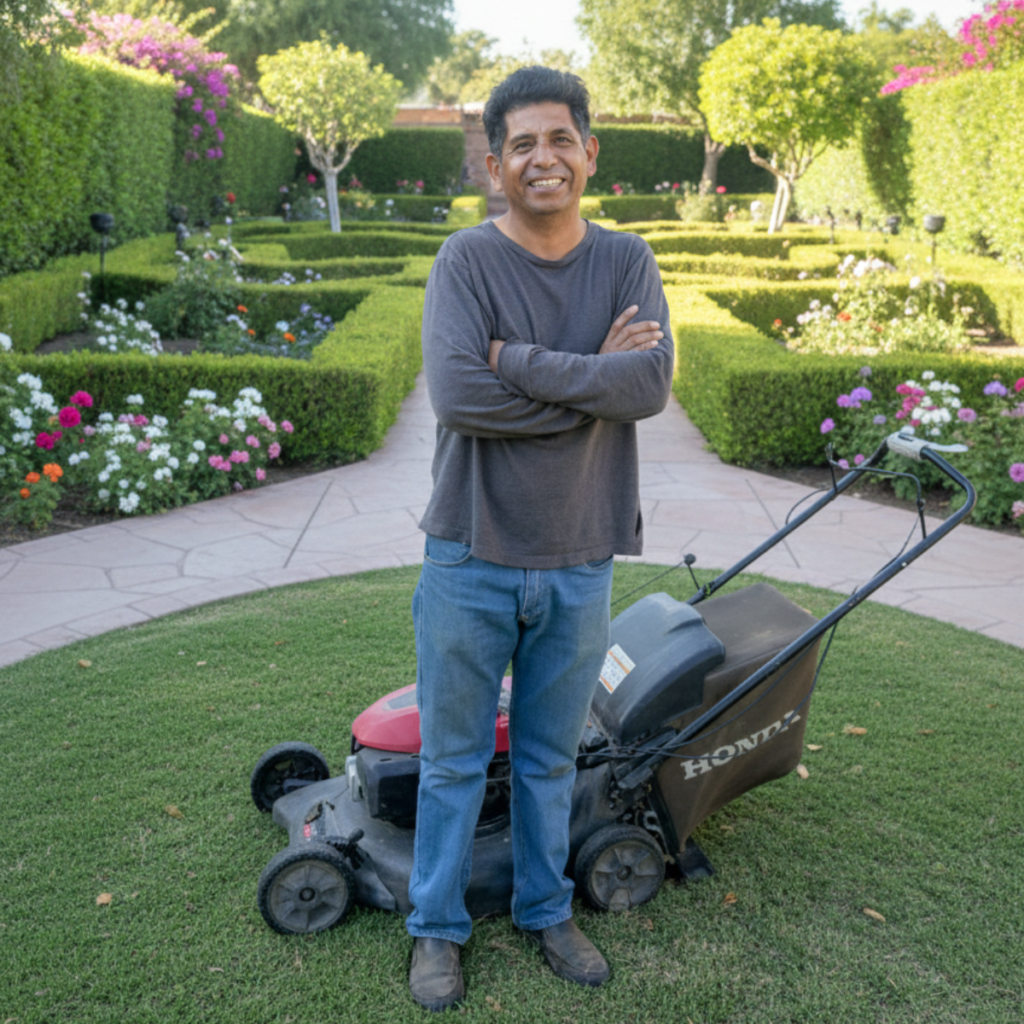 Crisel Salazar, owner of Crisa Landscaping, standing with his lawn mower